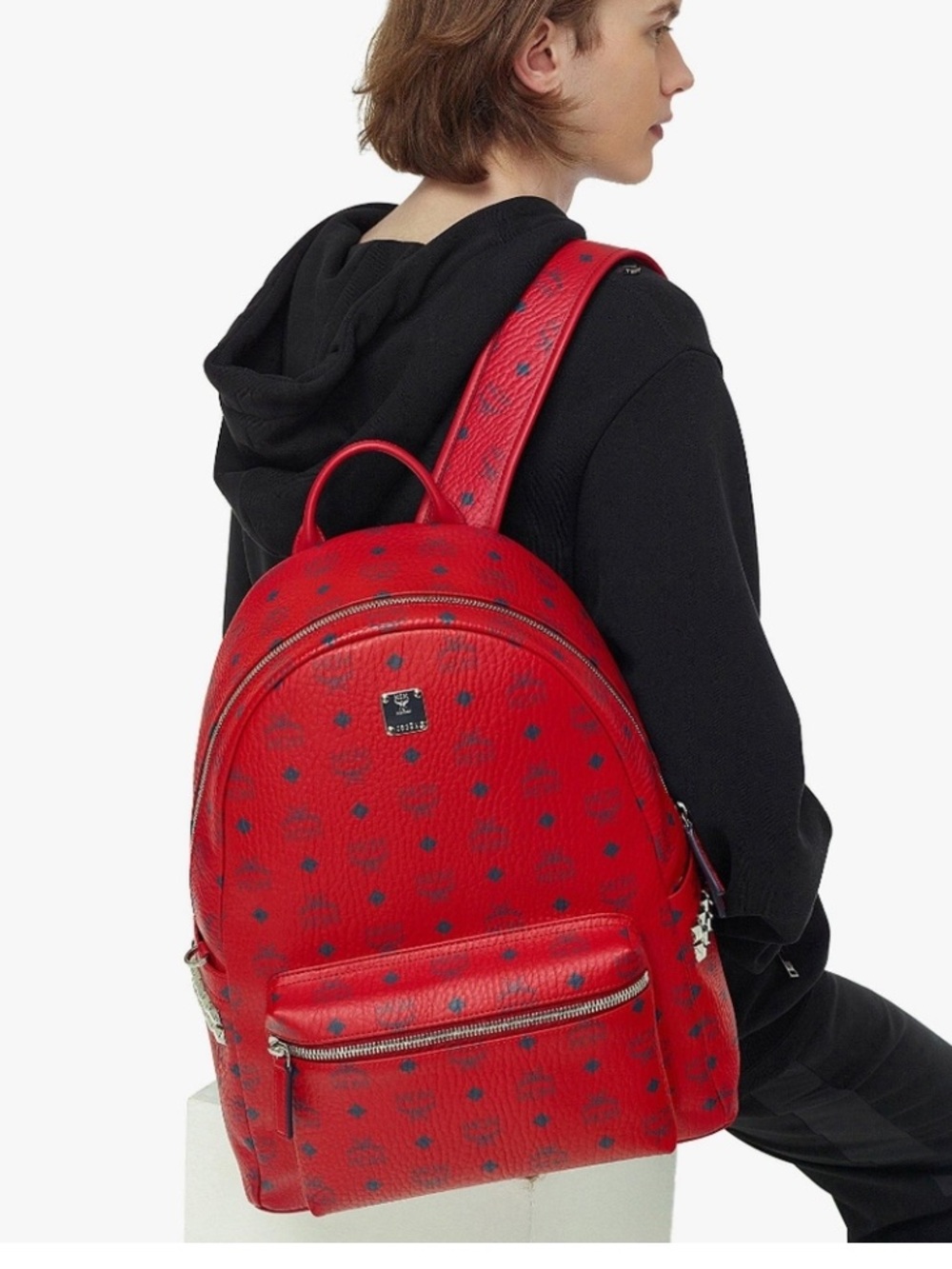 MCM medium red stark studded backpack
